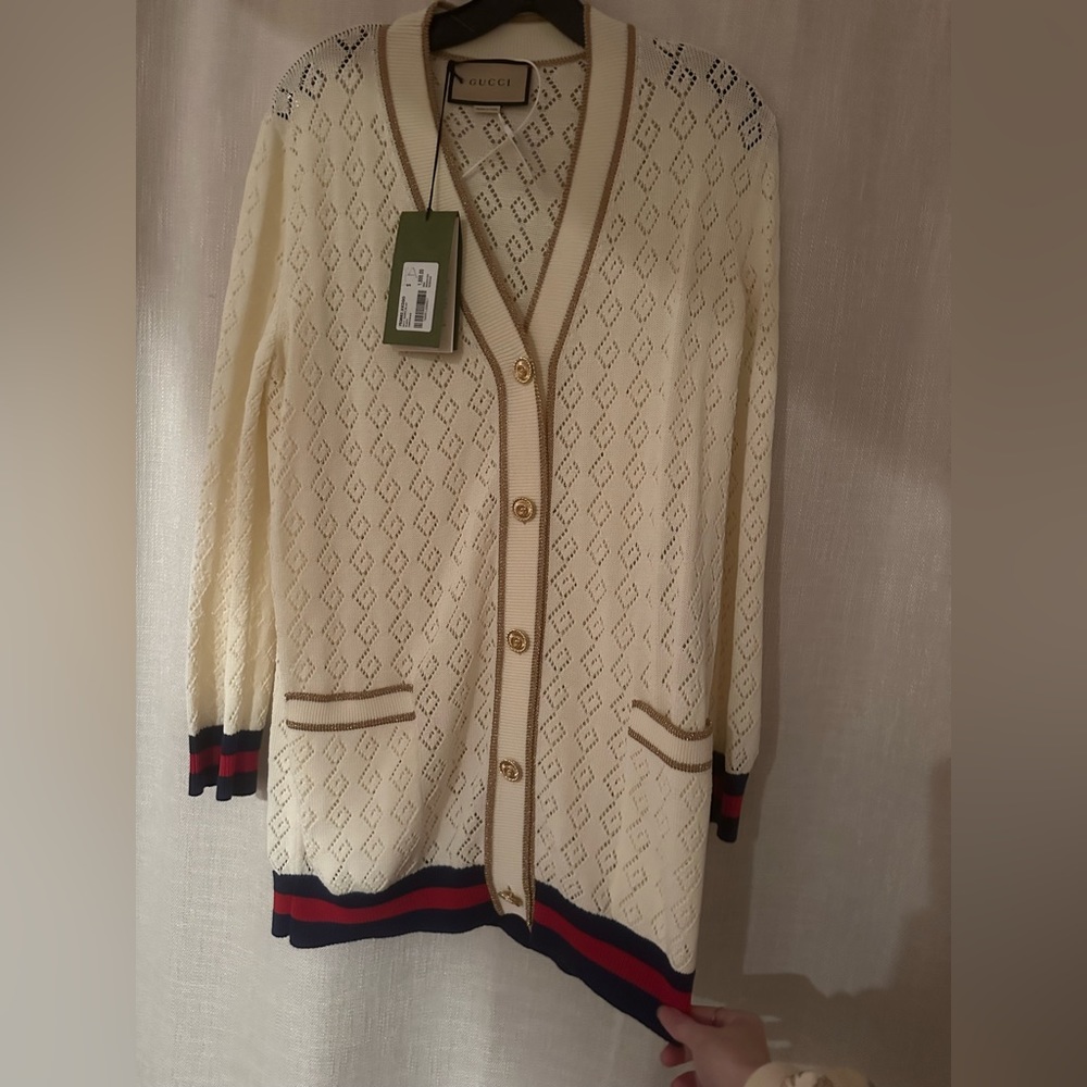 Gucci Logo Cardigan with Red, Navy, and Gold ~ NWT